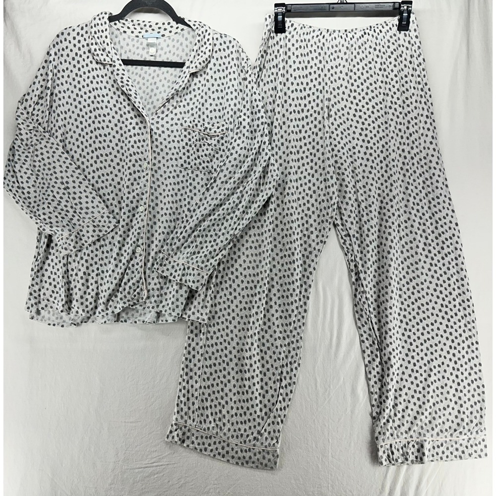 Eberjey Gisele Pajama Set Womens L Gray White Dot Print Button Top Pants 2pc